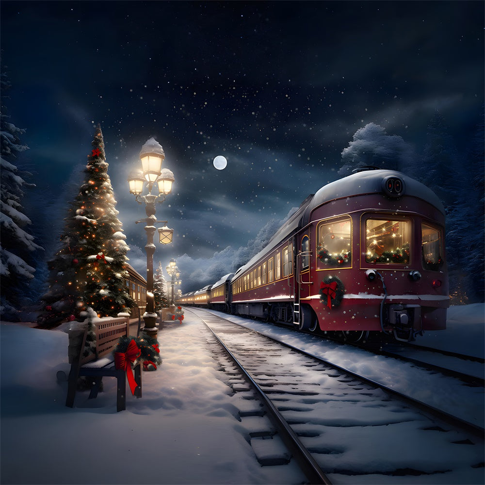 Toile de fond de Train et Arbres en Soirée de Noël RR7-776
