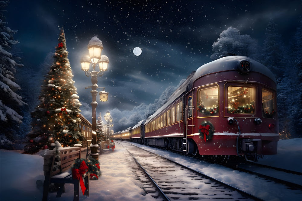 Toile de fond de Train et Arbres en Soirée de Noël RR7-776