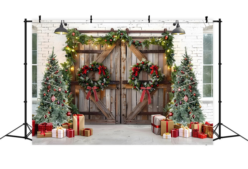 Toile de fond de Porte en Bois avec Couronne et Arbre de Noël RR7-777