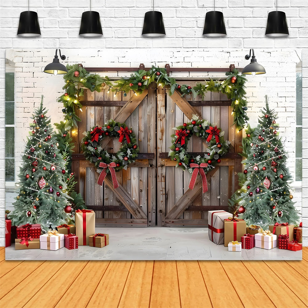 Toile de fond de Porte en Bois avec Couronne et Arbre de Noël RR7-777