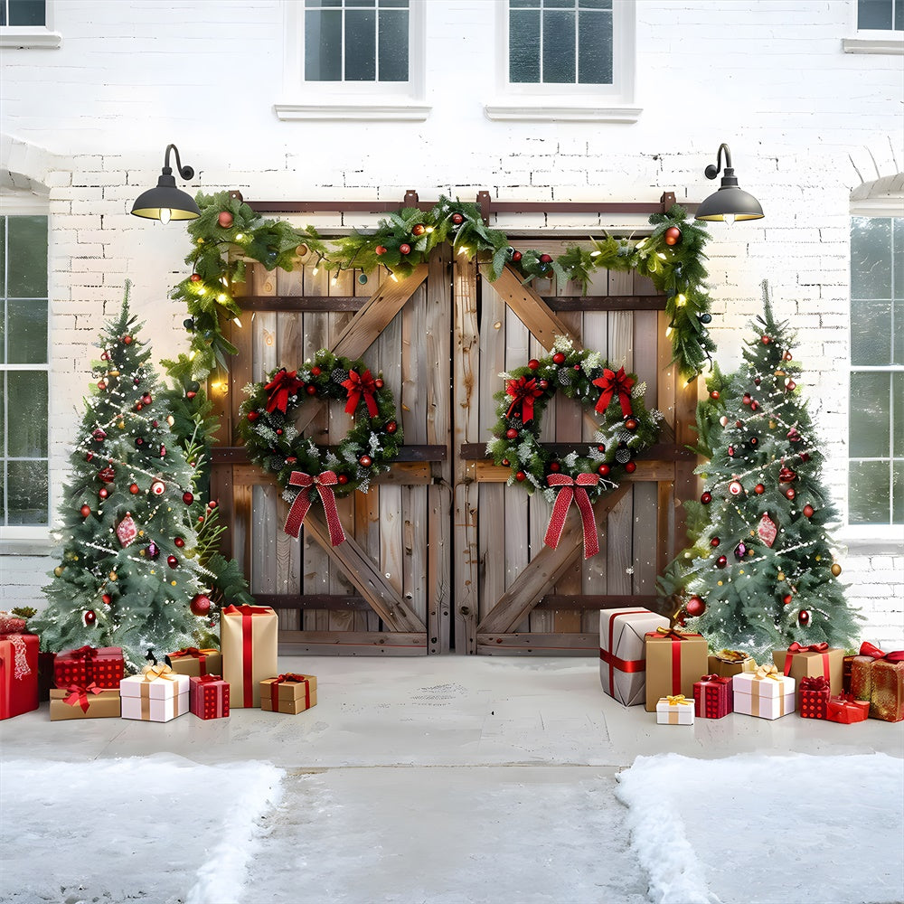 Toile de fond de Porte en Bois avec Couronne et Arbre de Noël RR7-777
