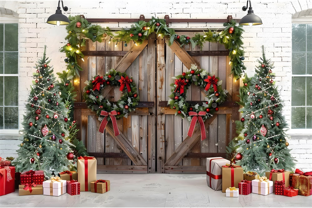 Toile de fond de Porte en Bois avec Couronne et Arbre de Noël RR7-777