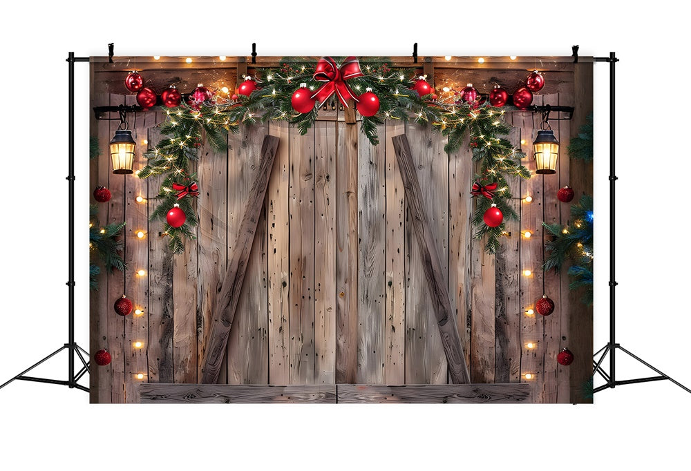 Toile de fond de Mur en Bois avec Boules de Noël et Couronne RR7-778