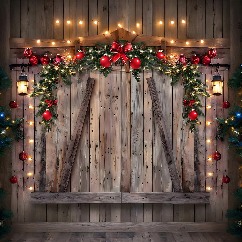 Toile de fond de Mur en Bois avec Boules de Noël et Couronne RR7-778
