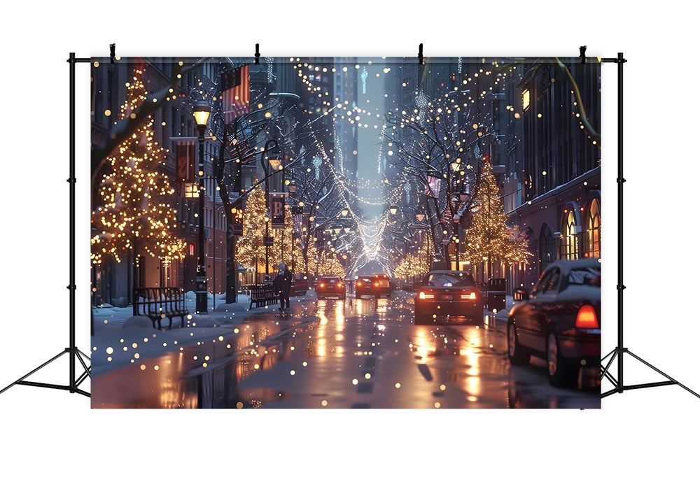 Toile de fond de Rue en Nuit avec Arbres de Noël Lumineux RR7-780
