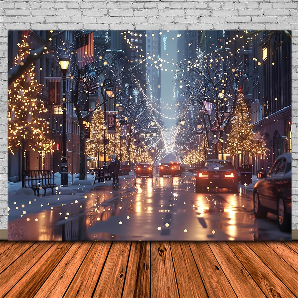 Toile de fond de Rue en Nuit avec Arbres de Noël Lumineux RR7-780