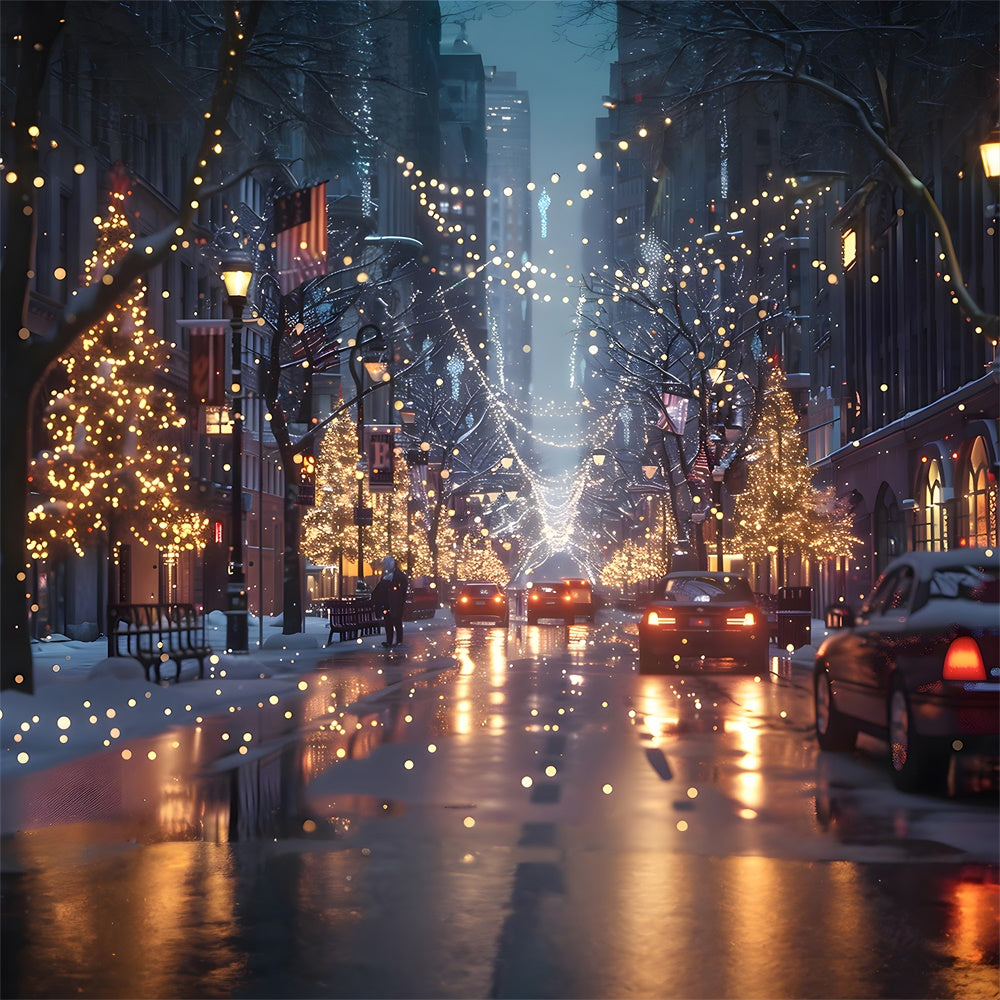 Toile de fond de Rue en Nuit avec Arbres de Noël Lumineux RR7-780
