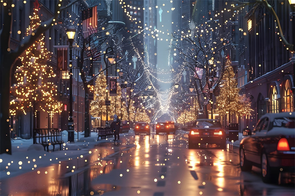 Toile de fond de Rue en Nuit avec Arbres de Noël Lumineux RR7-780
