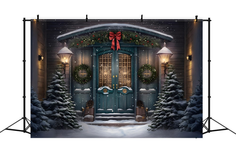 Toile de fond de Porte avec Couronne et Arbre de Noël Neigeux RR7-782