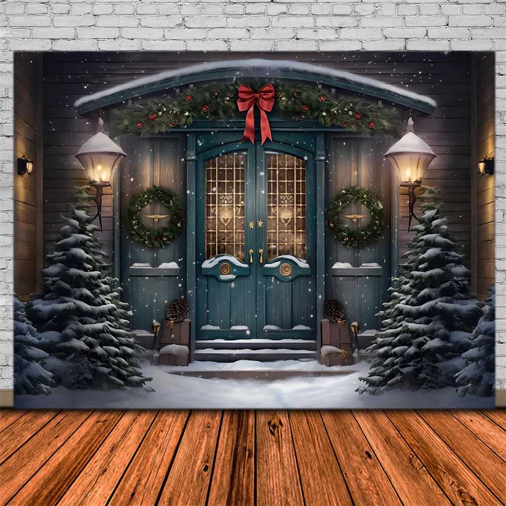 Toile de fond de Porte avec Couronne et Arbre de Noël Neigeux RR7-782