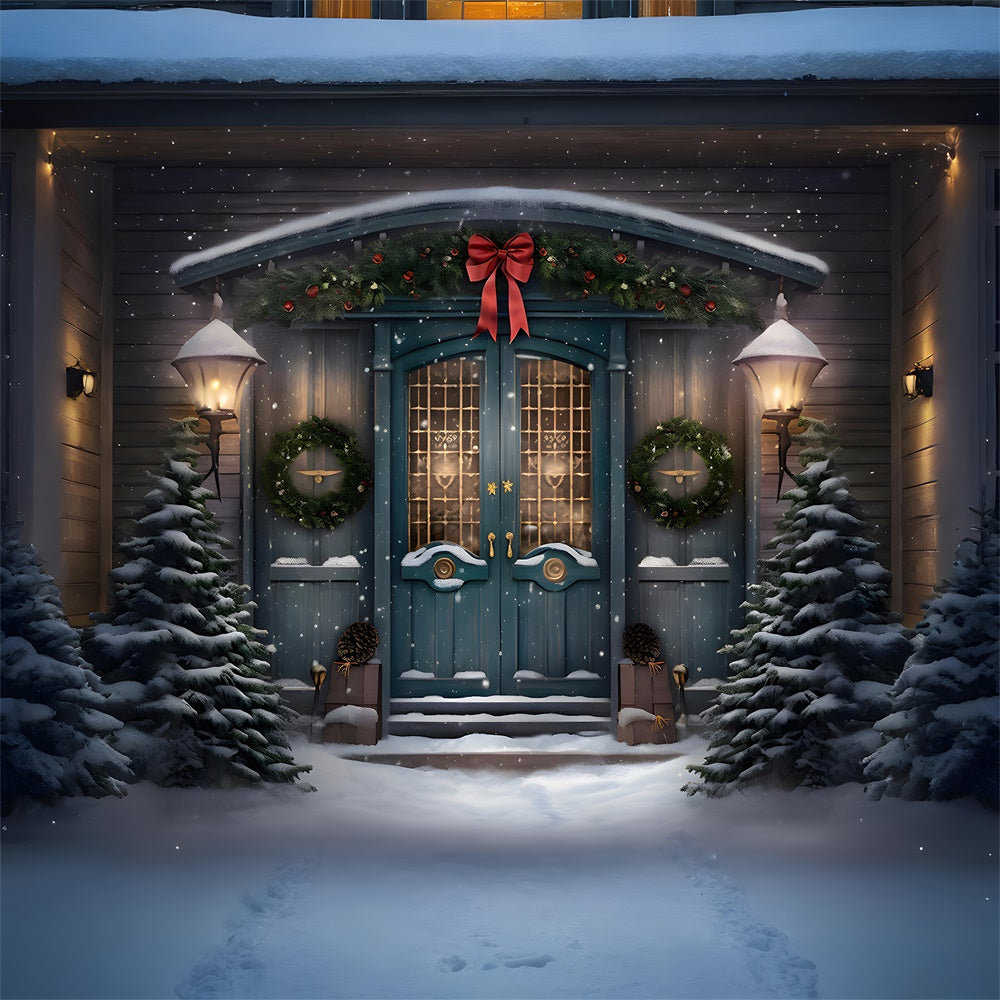 Toile de fond de Porte avec Couronne et Arbre de Noël Neigeux RR7-782