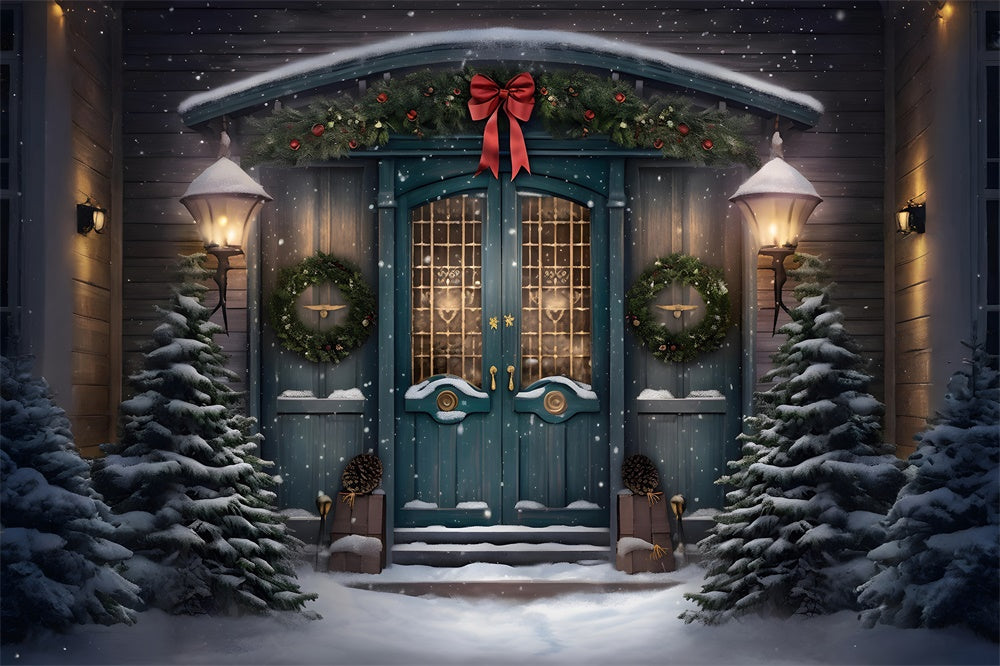 Toile de fond de Porte avec Couronne et Arbre de Noël Neigeux RR7-782