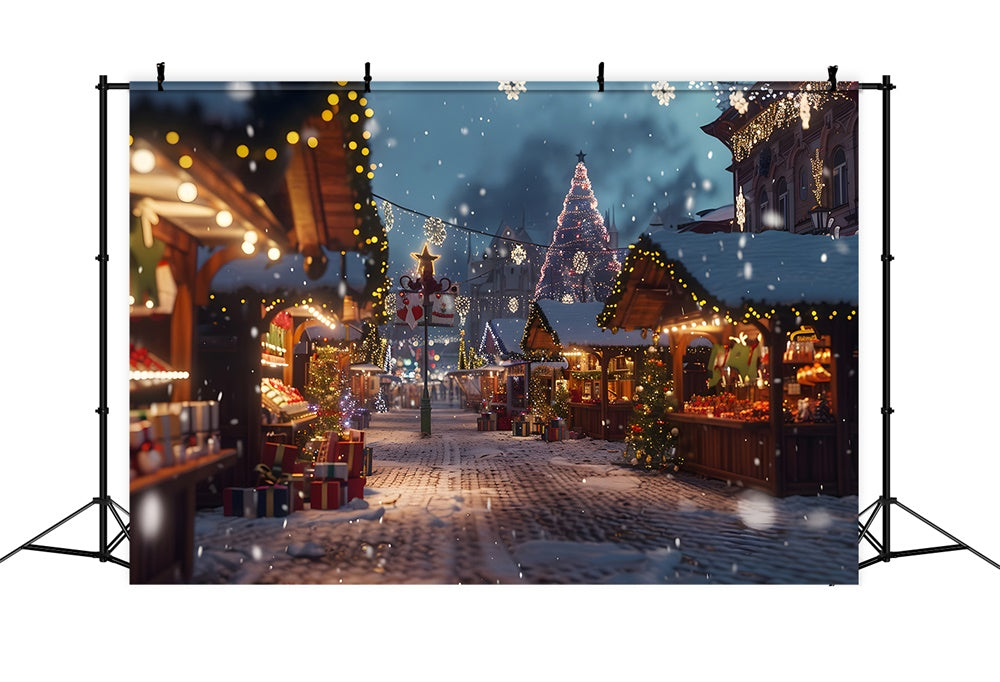 Toile de fond de Ville Nocturne avec Arbres de Noël Lumineux RR7-783