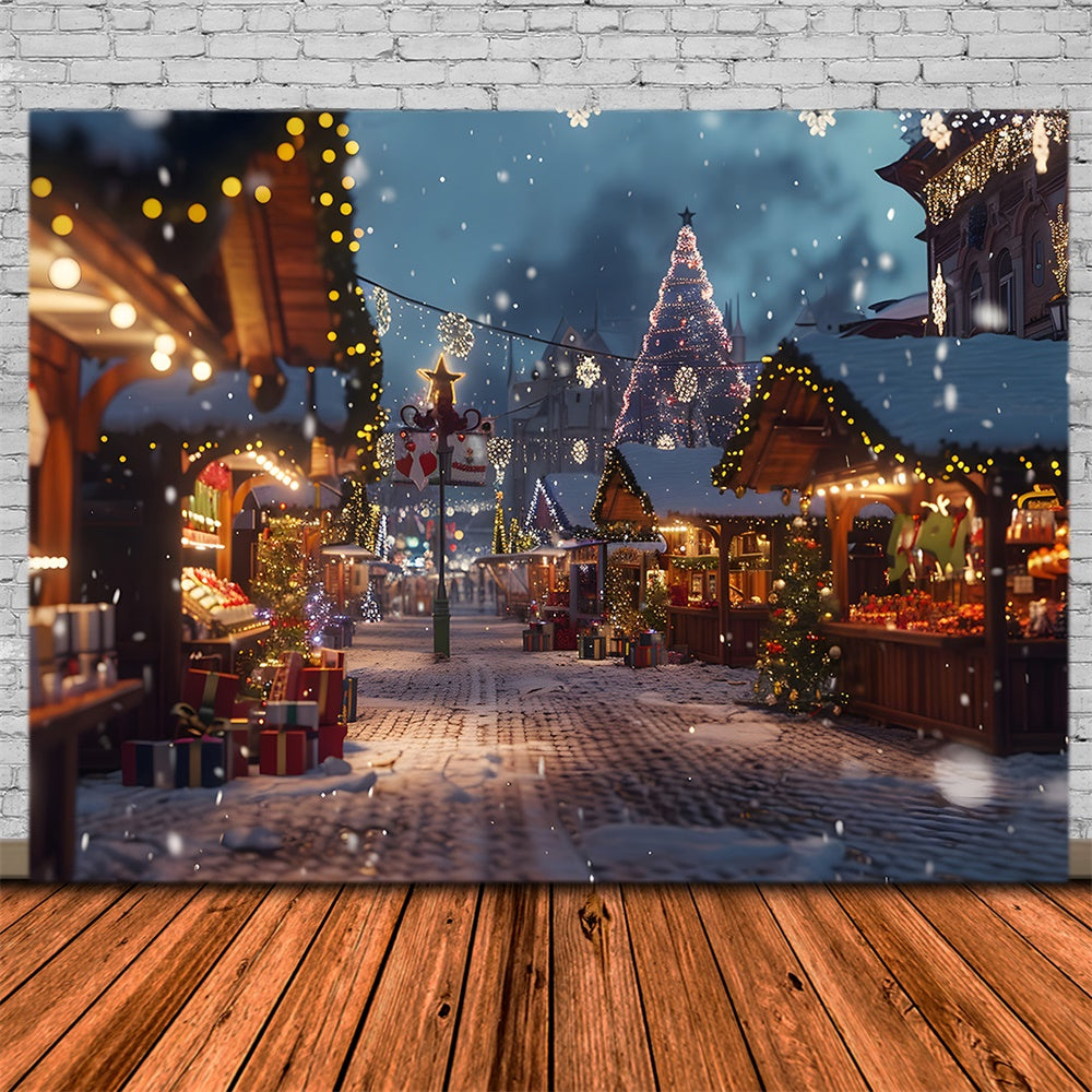 Toile de fond de Ville Nocturne avec Arbres de Noël Lumineux RR7-783