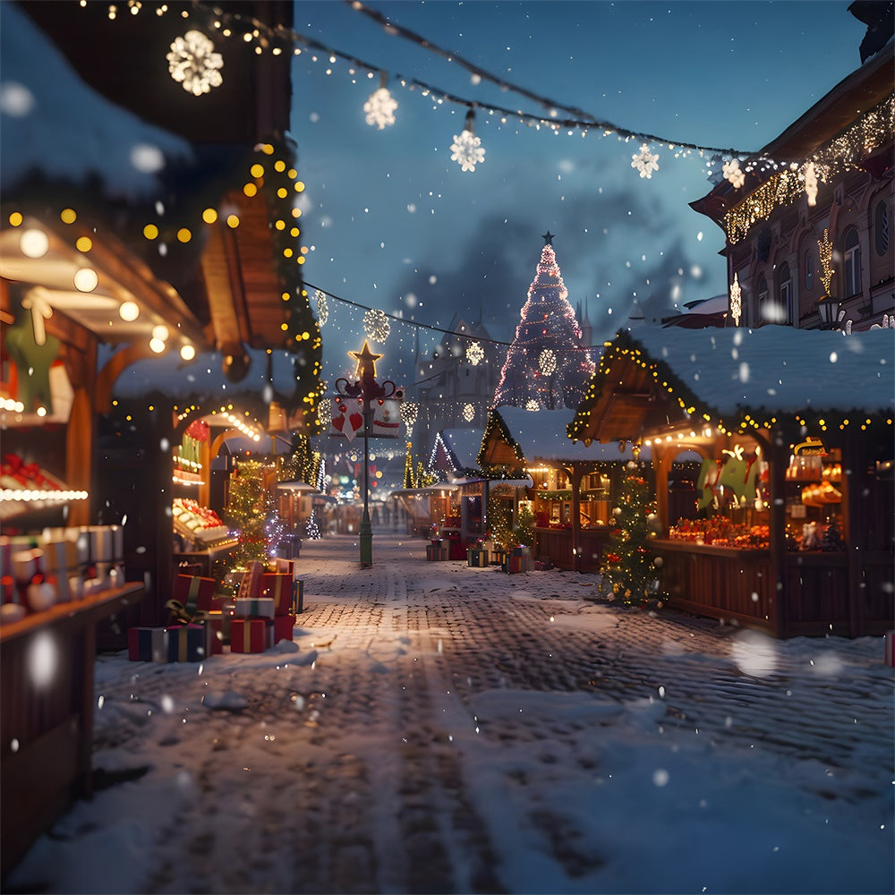 Toile de fond de Ville Nocturne avec Arbres de Noël Lumineux RR7-783