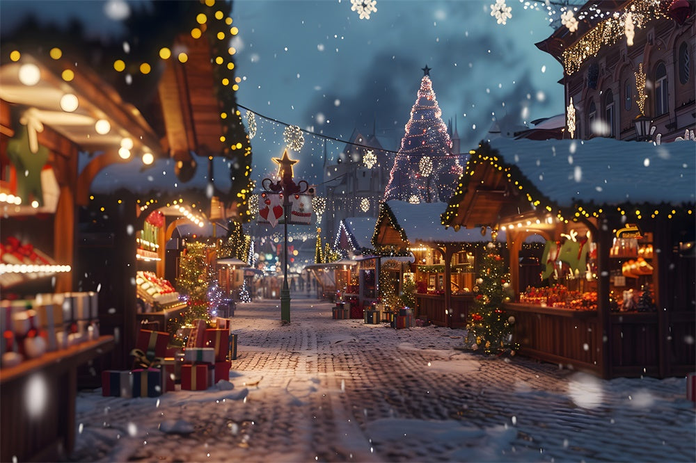 Toile de fond de Ville Nocturne avec Arbres de Noël Lumineux RR7-783