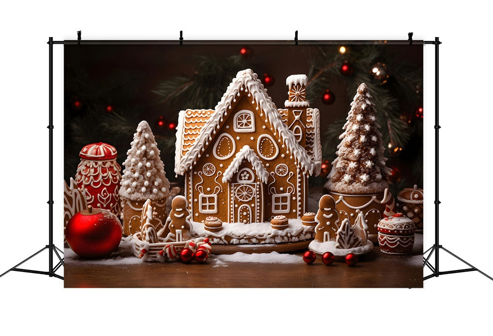 Toile de fond de Maison en Pain d'Épice avec Boules de Noël RR7-785