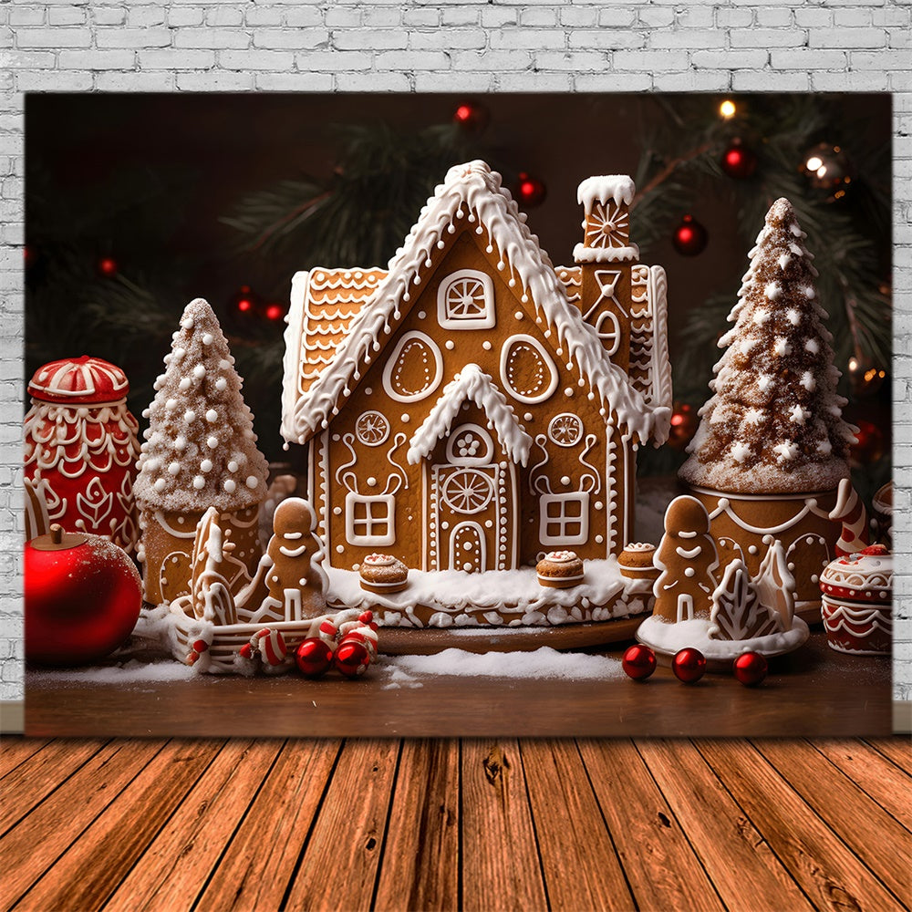 Toile de fond de Maison en Pain d'Épice avec Boules de Noël RR7-785