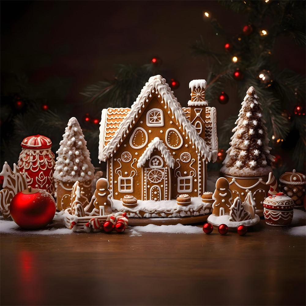 Toile de fond de Maison en Pain d'Épice avec Boules de Noël RR7-785