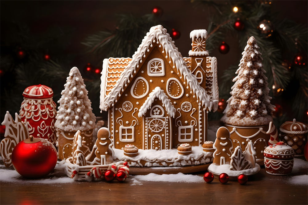 Toile de fond de Maison en Pain d'Épice avec Boules de Noël RR7-785
