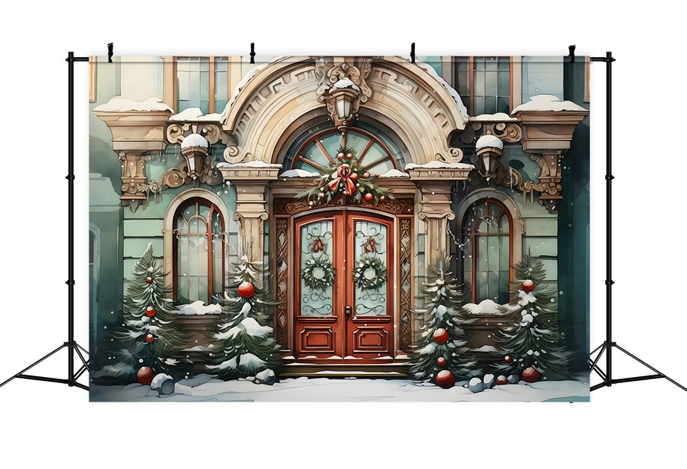 Toile de fond de Maison et Arbre de Noël en Aquarelle RR7-787