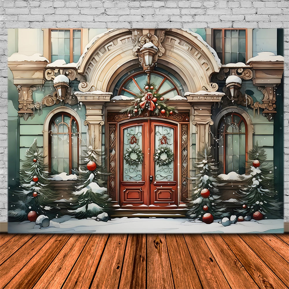 Toile de fond de Maison et Arbre de Noël en Aquarelle RR7-787