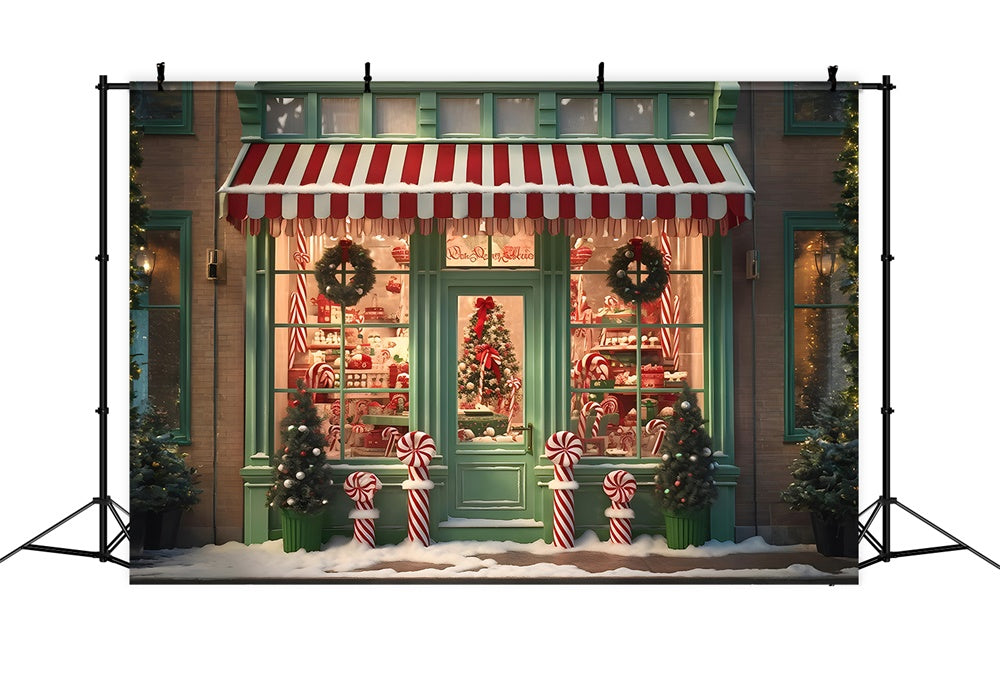 Toile de fond de Magasin de Bonbons Vert avec Porte de Noël RR7-791