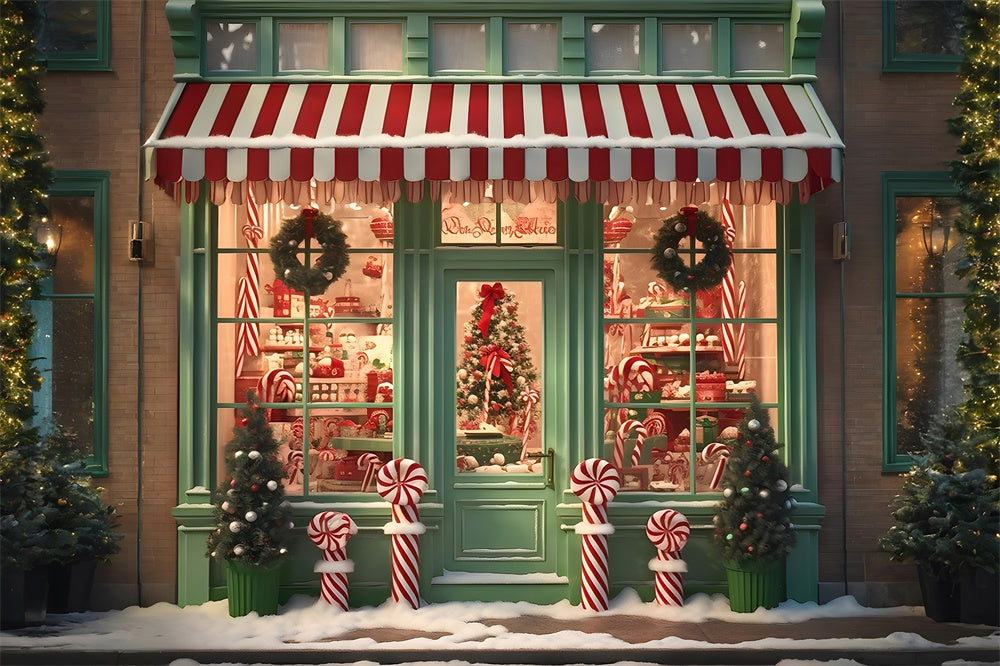 Toile de fond de Magasin de Bonbons Vert avec Porte de Noël RR7-791