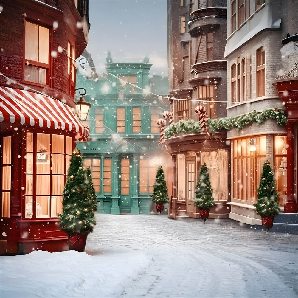 Toile de fond de Rue Neigeuse avec Boutiques de Jouets de Noël RR7-796
