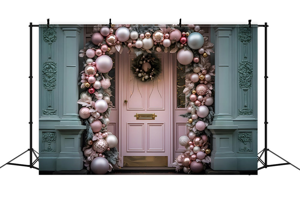 Toile de fond de Porte Rose avec Boules de Noël et Couronne RR7-797