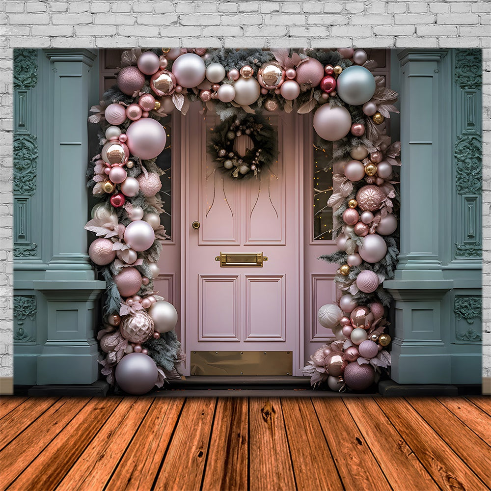 Toile de fond de Porte Rose avec Boules de Noël et Couronne RR7-797