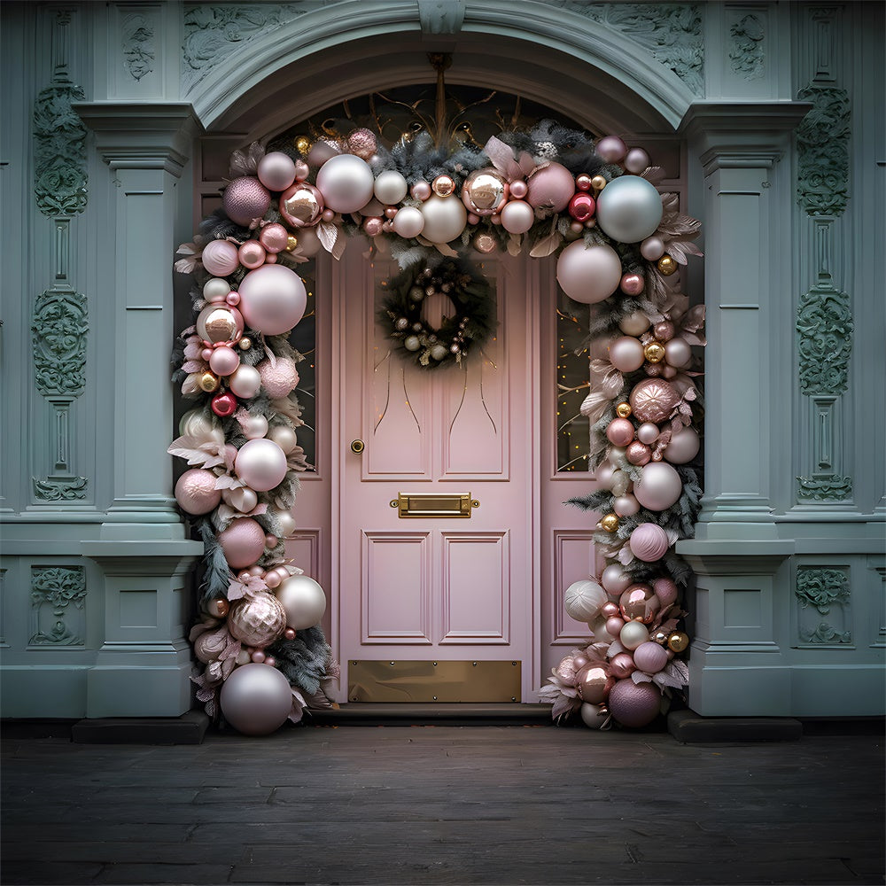 Toile de fond de Porte Rose avec Boules de Noël et Couronne RR7-797