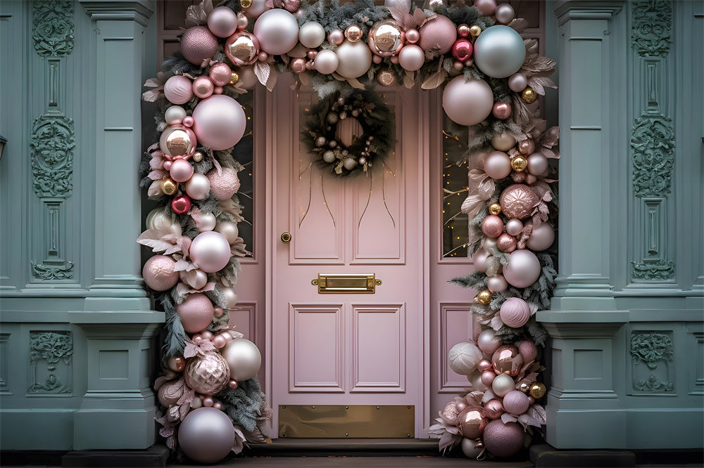 Toile de fond de Porte Rose avec Boules de Noël et Couronne RR7-797
