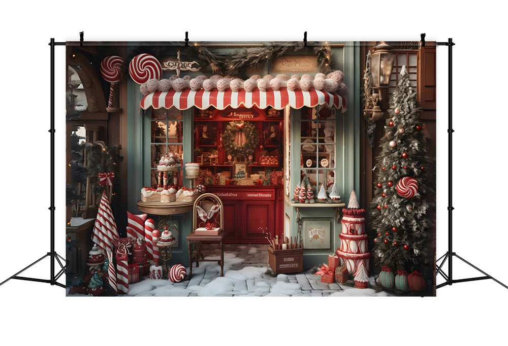 Toile de fond de Magasin de Bonbons Neigeux avec Arbre de Noël RR7-798