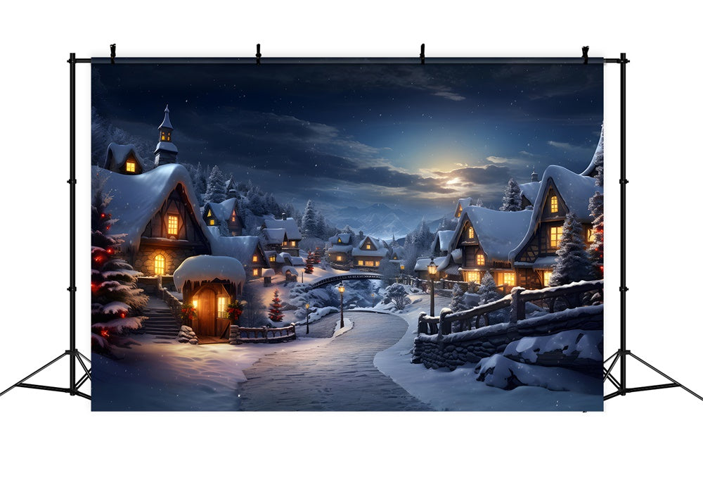 Toile de fond de Village Neigeux avec Lumières de Noël RR7-803
