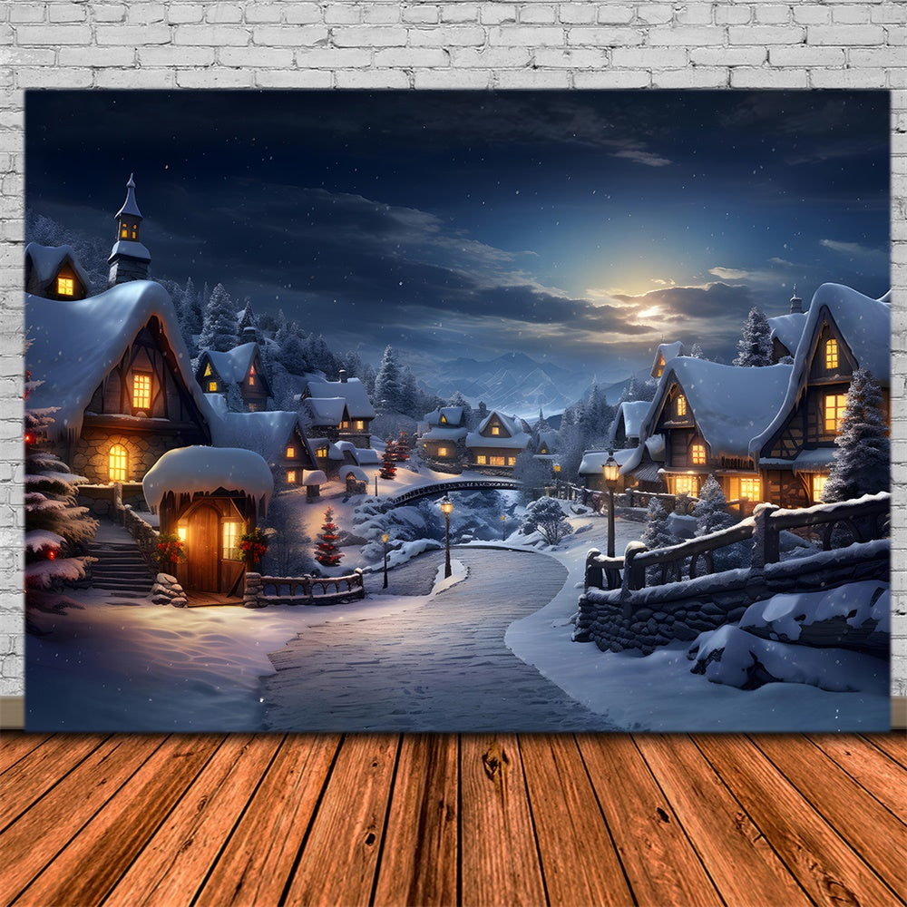 Toile de fond de Village Neigeux avec Lumières de Noël RR7-803