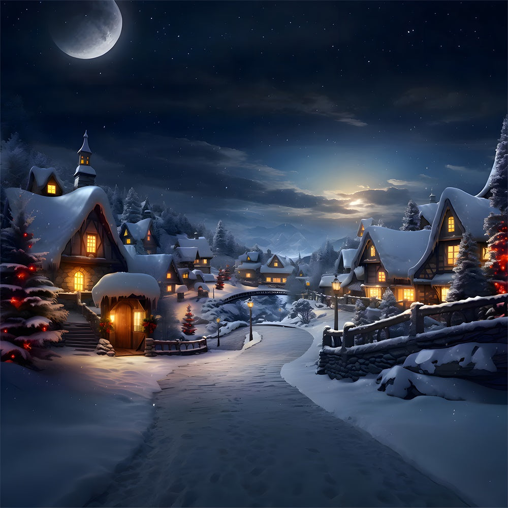 Toile de fond de Village Neigeux avec Lumières de Noël RR7-803