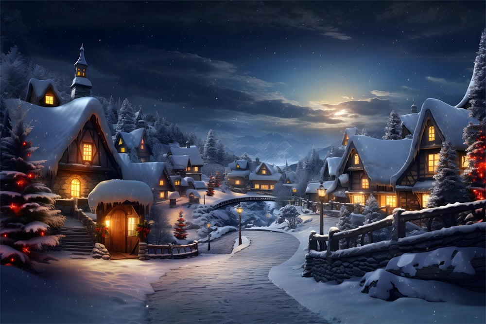 Toile de fond de Village Neigeux avec Lumières de Noël RR7-803