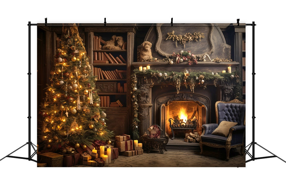Toile de fond de Cheminée avec Arbre de Noël et Lumières RR7-804