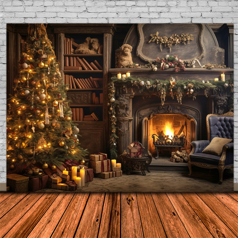 Toile de fond de Cheminée avec Arbre de Noël et Lumières RR7-804