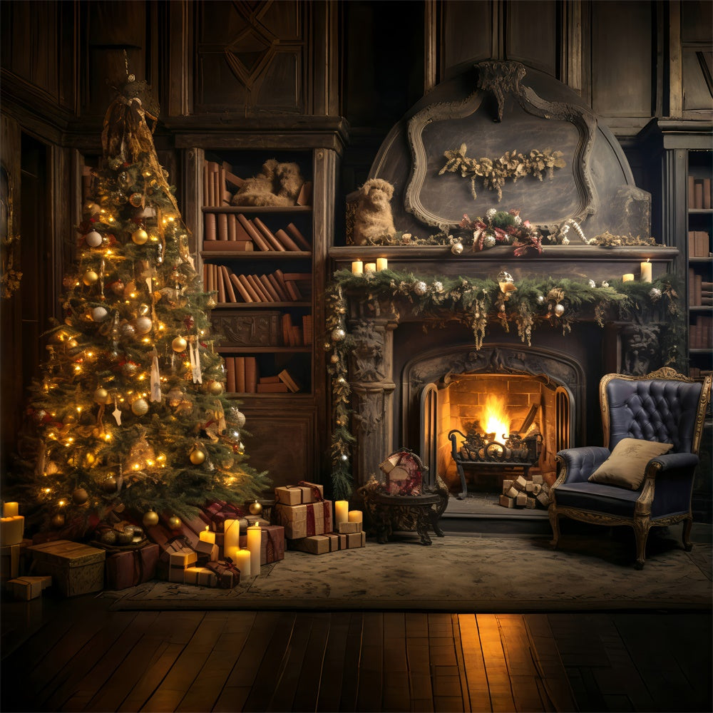Toile de fond de Cheminée avec Arbre de Noël et Lumières RR7-804