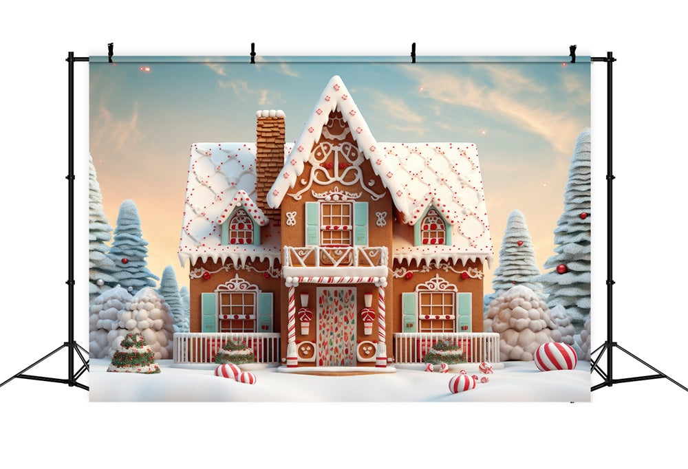 Toile de fond de Maison en Pain d'Épice avec Arbre de Noël Neigeux RR7-806