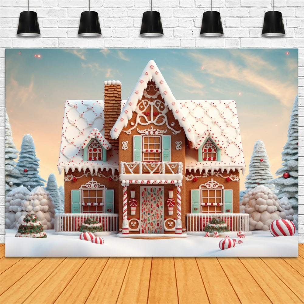 Toile de fond de Maison en Pain d'Épice avec Arbre de Noël Neigeux RR7-806