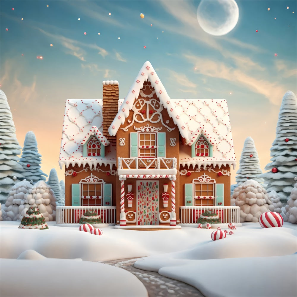Toile de fond de Maison en Pain d'Épice avec Arbre de Noël Neigeux RR7-806