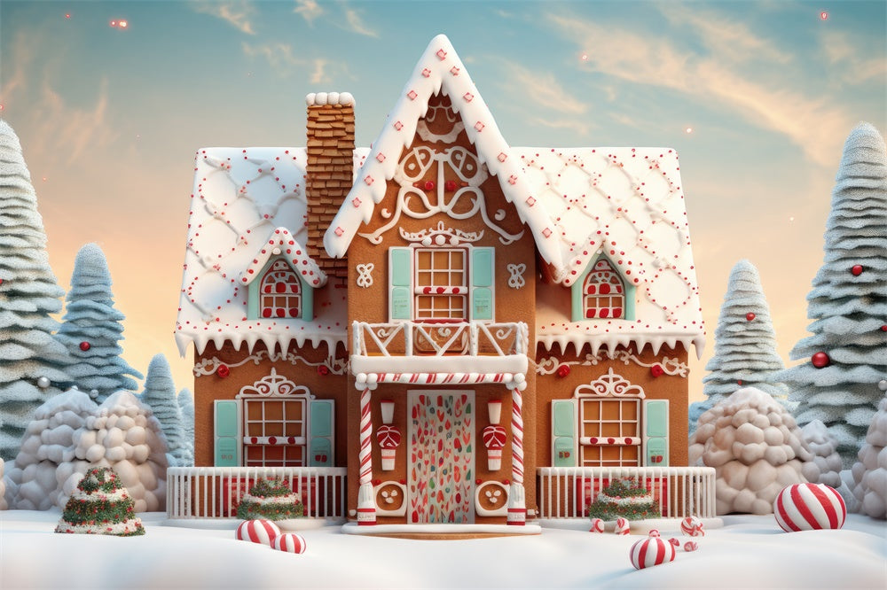 Toile de fond de Maison en Pain d'Épice avec Arbre de Noël Neigeux RR7-806