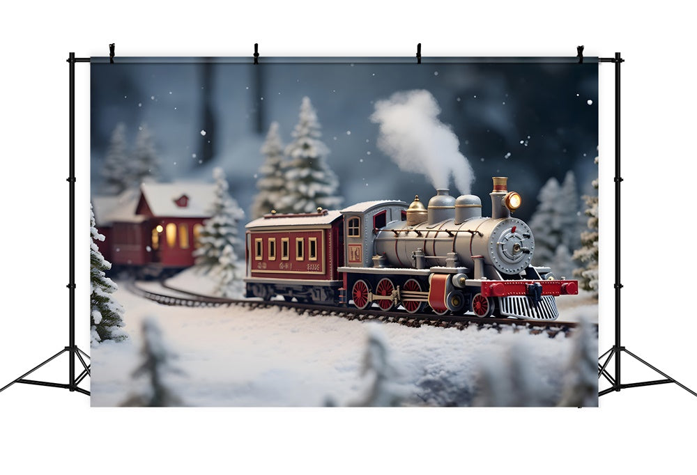 Toile de fond de Train et Maison avec Arbre de Noël Neigeux RR7-807