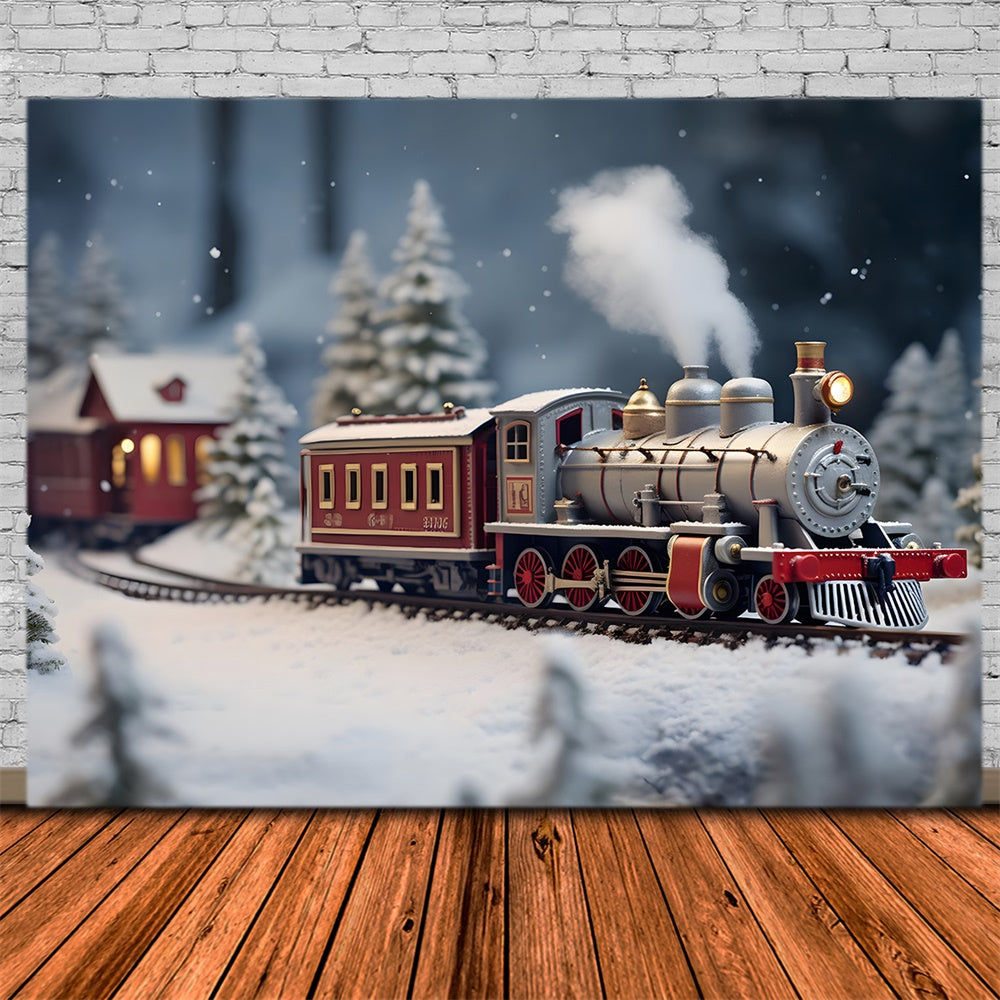 Toile de fond de Train et Maison avec Arbre de Noël Neigeux RR7-807