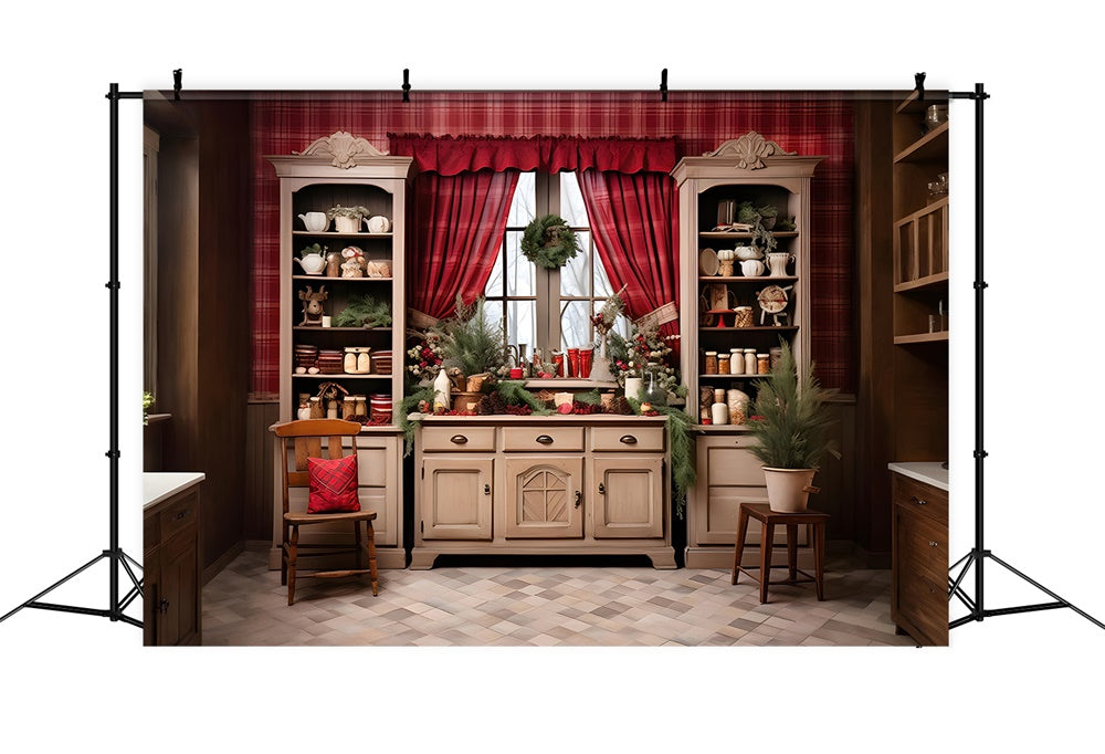 Toile de fond de Cuisine avec Fenêtre et Étagère de Noël RR7-809