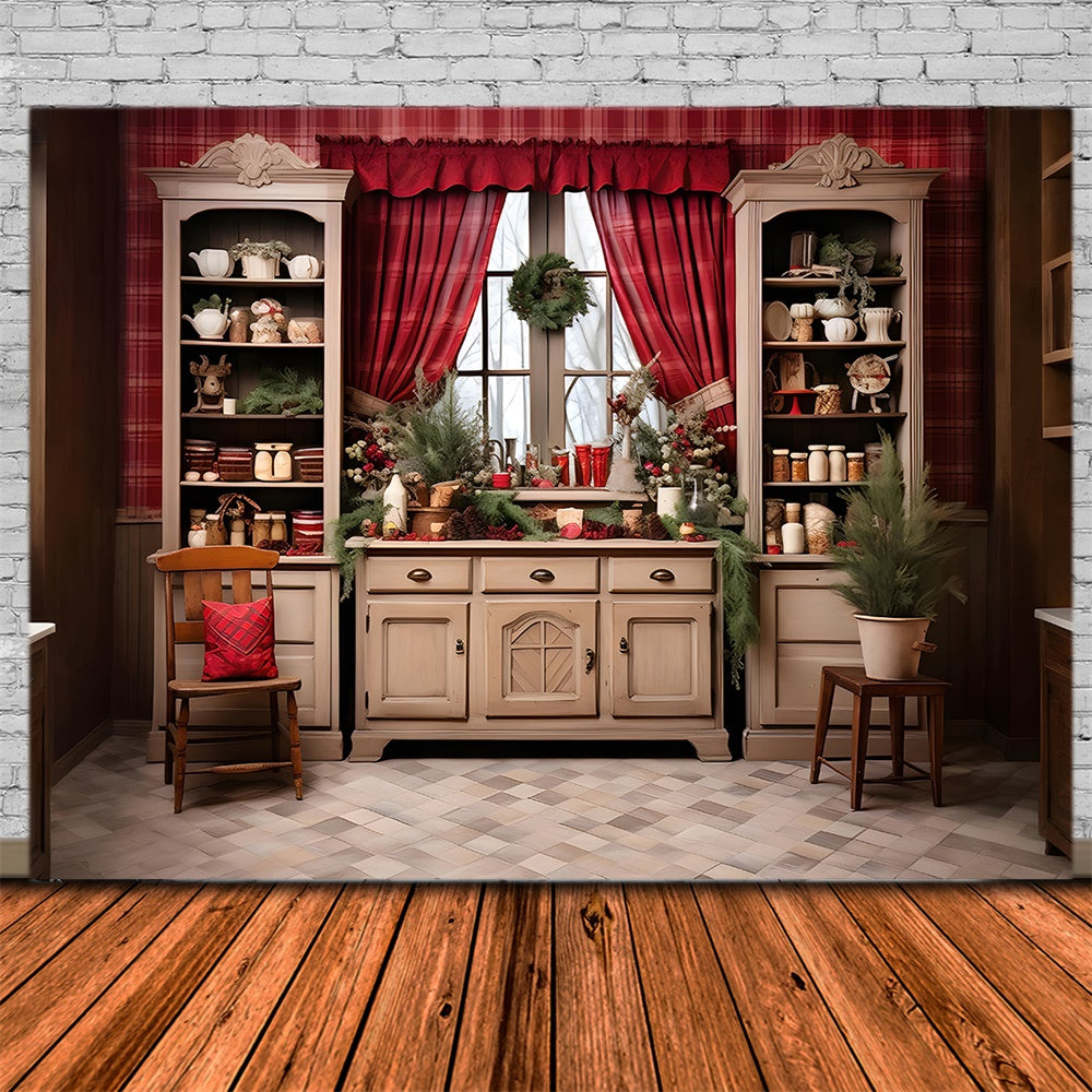Toile de fond de Cuisine avec Fenêtre et Étagère de Noël RR7-809