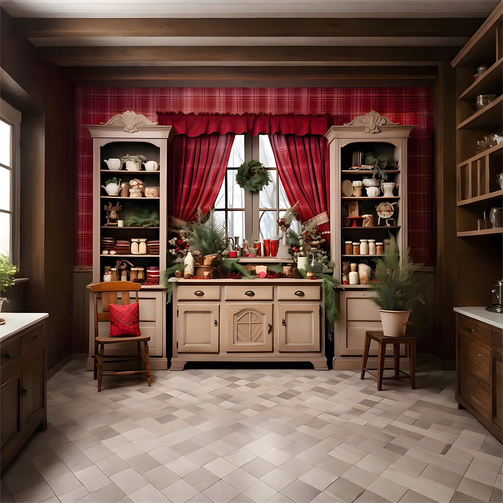 Toile de fond de Cuisine avec Fenêtre et Étagère de Noël RR7-809